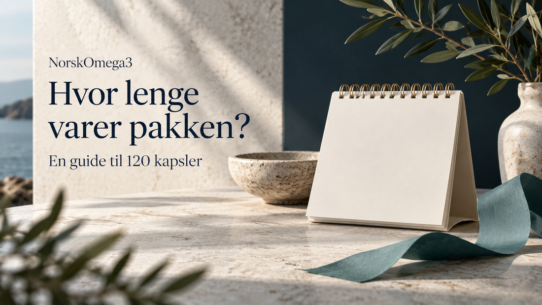 Bordkalender med teksten «Hvor lenge varer pakken? En guide til 120 kapsler».