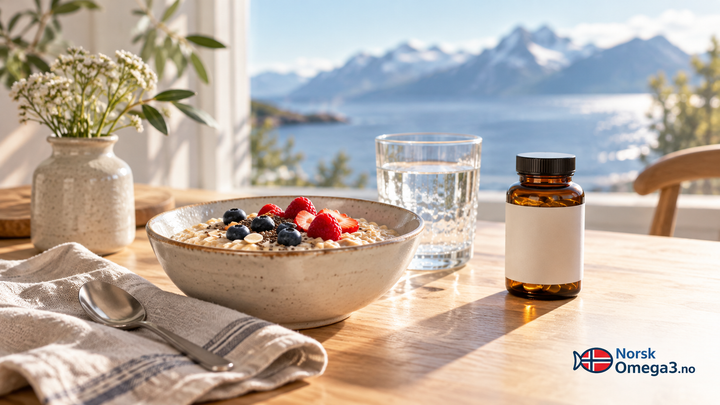 Illustrasjon av frokost, et glass vann og en lukket umerket flaske på et lyst kjøkkenbord.