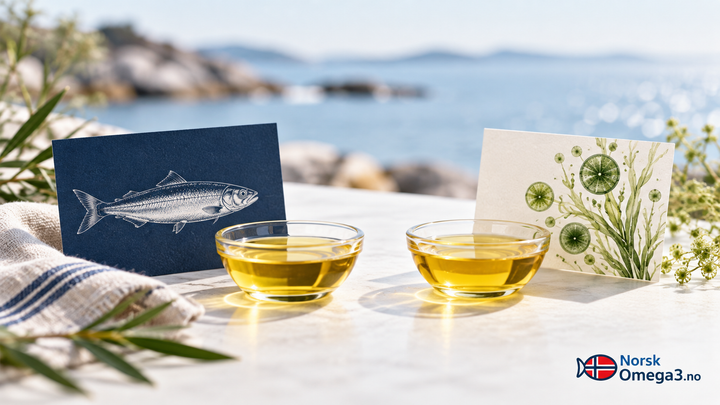 Illustrasjon av to skåler med olje ved kort med fiskemotiv og et stilisert algemotiv.