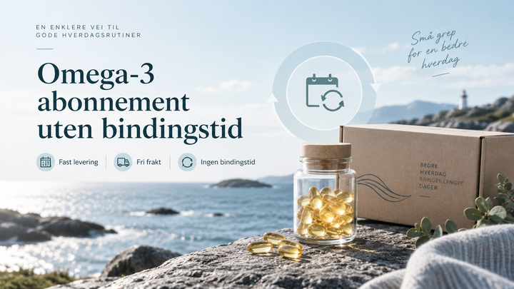 Illustrasjon av kapsler og en leveringseske ved kysten, med teksten «Omega-3 abonnement uten bindingstid».