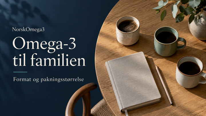 Tre kopper og en notatbok på et bord. Omega-3 til familien: format og pakningsstørrelse.