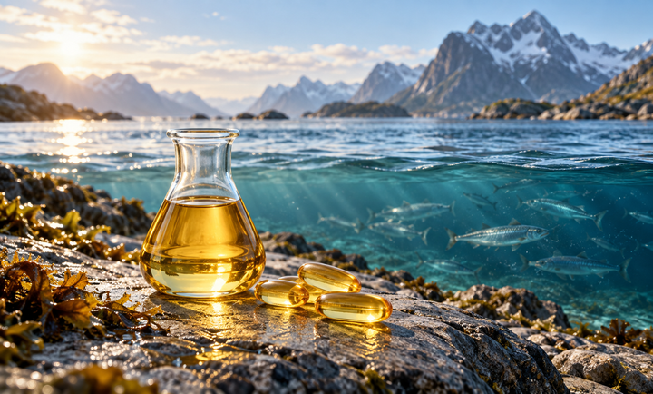 Illustrasjon av fisk, olje og kapsler ved kysten – fra marin råvare til omega-3-kapsel.