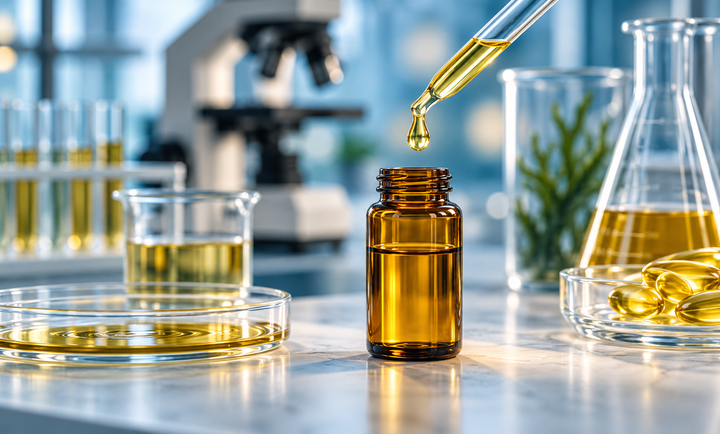 Illustrasjon av pipette og oljeprøver i et laboratorium – analyse av omega-3-olje.