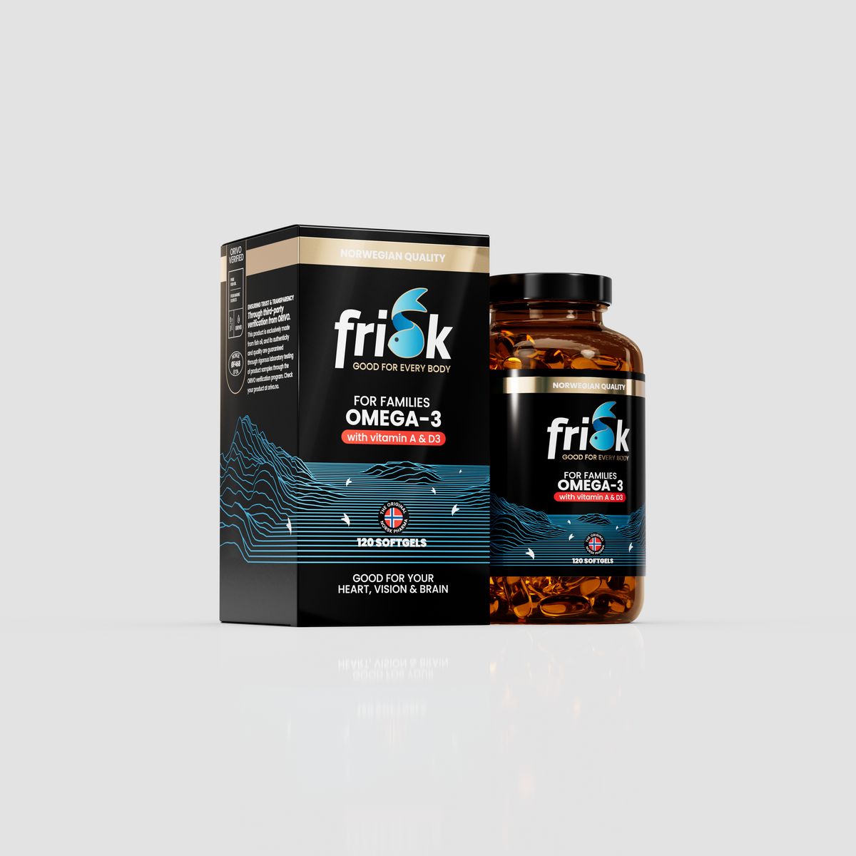 Frisk Omega-3 120 softgels – to pakninger sett fra skrå vinkel