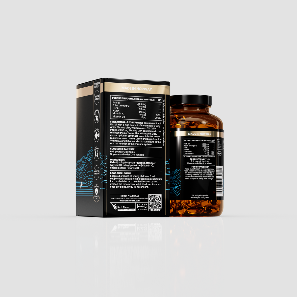 Frisk Omega-3 120 softgels – to pakninger fra siden