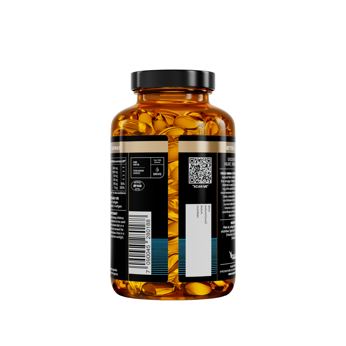 Frisk Omega-3 120 softgels – bakside på flaske