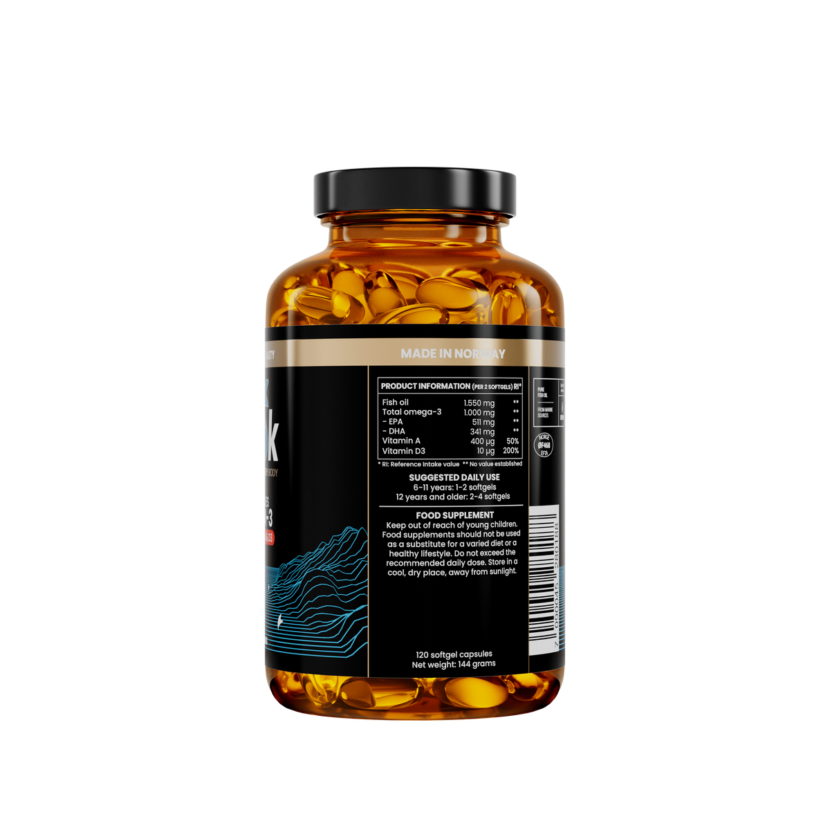 Frisk Omega-3 120 softgels – flaske sett fra siden