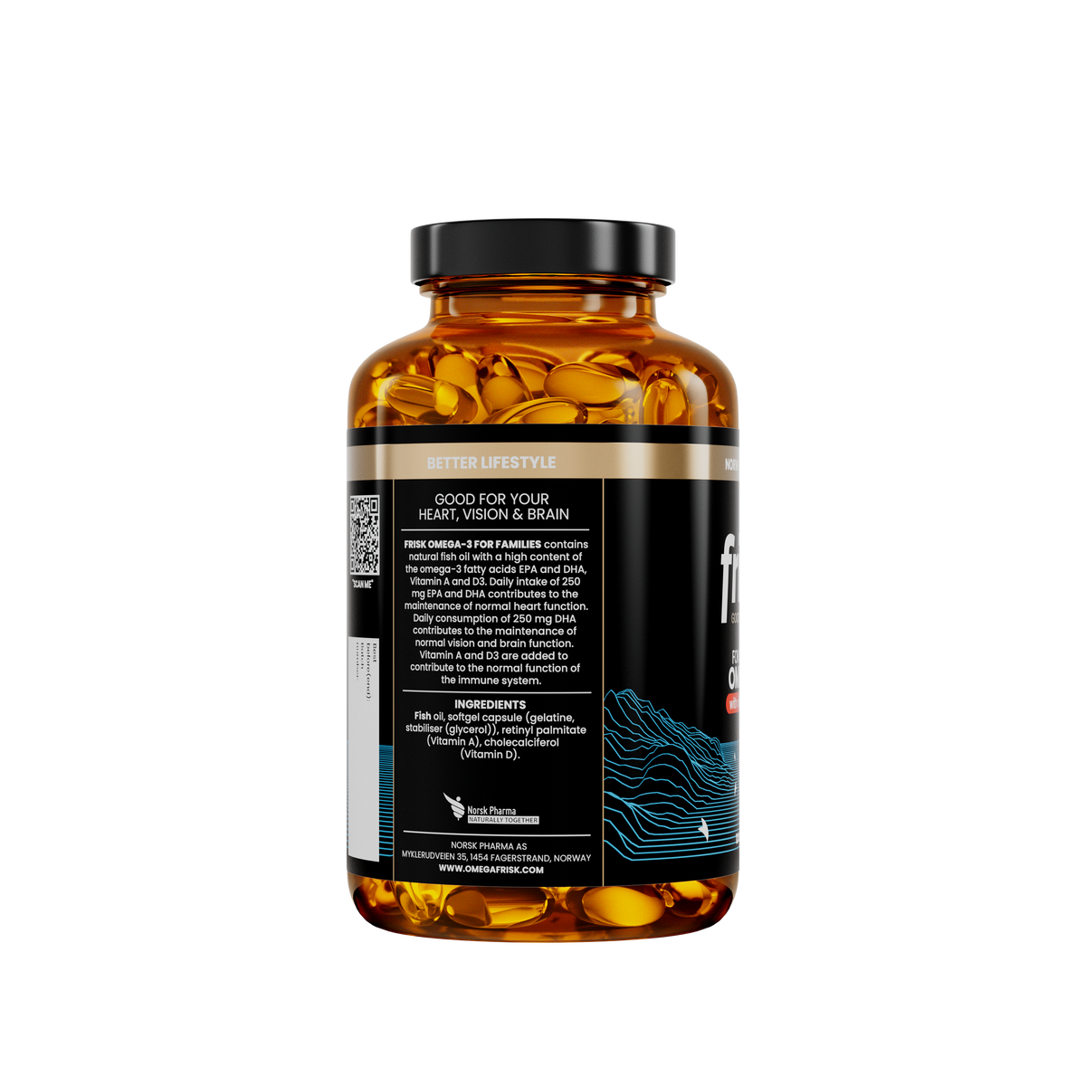 Frisk Omega-3 120 softgels – flaske og etikett fra siden